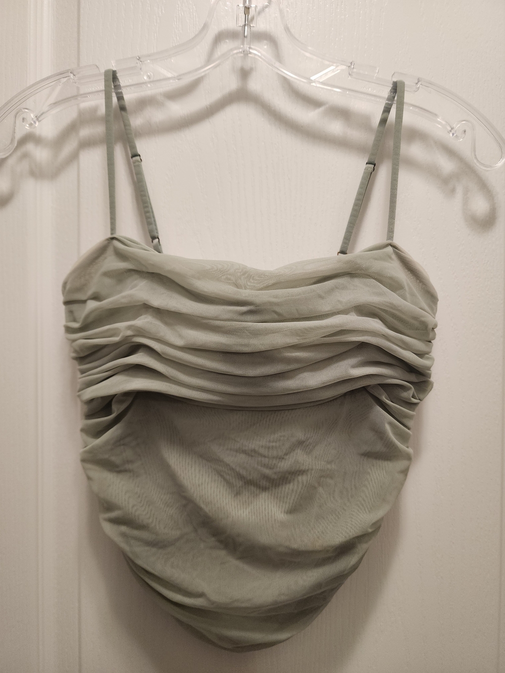 Babaton Sage Green Mesh Bodysuit with Spaghetti Straps